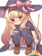 1_female 1girl bandaid bandaid_on_clothes bandaid_on_knee black_cloak black_dress black_headwear black_legwear blonde_hair bloomers boots bow cape cloak contentious_content dress female footwear gem gloves hairband hat hat_bow hat_ribbon headwear knees_on_chest kupuru_(hirumamiyuu) little_witch_nobeta loli lolibooru.moe long_hair nobeta petite questionable red_eyes ribbon safe sankaku_channel short_dress simple_background skirt solo squatting staff tears thighhighs thighs underwear upskirt very_long_hair wand weapon white_background white_gloves witch witch_hat // 800x1072 // 138.8KB