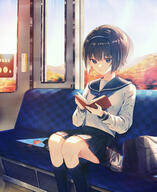 1_female autumn bag black_hairband black_skirt book bookbag female hairband high_resolution knee_highs open_book original safe school_uniform schoolgirl_uniform serafuku shirt short_hair sitting skirt solo train_interior uni_sirasu uniform white_shirt window // 1664x2041 // 2.8MB