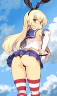 1_female 2d_art armwear ass black_panties black_ribbon black_underwear blonde_hair blue_skirt blue_sky breasts brown_eyes cloud day elbow_gloves explicit female from_behind gloves hair_ornament hair_ribbon high_resolution kantai_collection long_hair looking_at_viewer looking_back microskirt panties pixiv_525683 pixiv_82595874 pleated_skirt point_of_view questionable ribbon sankaku_channel shimakaze_(kantai_collection) shirt skirt sky small_breasts solo standing striped striped_legwear t-back thighhighs thong tsudero tsuderou underwear wedgie white_gloves white_shirt ツデロー 島風 // 720x1200 // 499.3KB