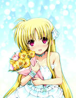 00s 1_female 1girl bare_shoulders blonde_hair blush bouquet comic1☆7 dress explicit fate_testarossa female flower high_resolution highres long_hair lyrical_nanoha mahou_shoujo_lyrical_nanoha neck_ribbon pink_eyes pixiv_35477640 pixiv_6632126 ribbon safe sankaku_channel shiwo shiwodo smile solo wristband ■comic1☆7お疲れ様でした(ﾉω`) しを。 // 1200x1545 // 823.4KB