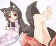 1_female 1girl alternate_costume animal_ears animal_tail barefoot brown_hair ears explicit fang fangs feet feet_up female female_focus female_only floral_print imaizumi_kagerou japanese_clothes kimono long_hair long_sleeves looking_back lying natsu_no_koucha on_stomach open_mouth red_eyes safe sankaku_channel simple_background smile soles solo solo_female tail the_pose toe_scrunch toes touhou white_background wide_sleeves wolf_ears wolf_tail younger // 800x667 // 90.3KB