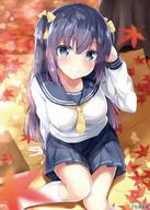 1_female arm_support artist_name autumn autumn_leaves bangs blue_eyes blue_hair blue_sailor_collar blue_skirt blurry blush bokeh book breasts closed_mouth collarbone danbooru day depth_of_field female gelbooru hair_ribbon hand_up karutamo knee_highs large_breasts leaf long_hair long_sleeves looking_at_viewer maple_leaf miniskirt necktie original pleated_skirt point_of_view rakugaki-chan ribbon safe safebooru sailor_collar sailor_uniform school_uniform schoolgirl_uniform serafuku shirt short_necktie sidelocks sitting skirt smile solo sunlight taut_clothes taut_shirt tree two_side_up uniform white_legwear white_shirt yellow_neckwear yellow_ribbon // 713x1000 // 125.2KB