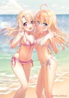 2_females ahoge amakusa_tobari asymmetrical_docking beach bikini blonde_hair blue_eyes blue_sky blush breast-to-breast breast_press breasts cloud clouds commentary_request contrapposto crossover day explicit eyebrows_visible_through_hair fate fatekaleid fatekaleid_liner_prisma_illya female female_only frilled_bikini frills front-tie_top gelbooru general hand_on_another's_hip horizon illyasviel_von_einzbern kanpani_girls long_hair looking_at_viewer may monique_waroquier multiple_females navel ocean open_mouth outside pink_bikini point_of_view red_eyes safe side-tie_bikini sky small_breasts standing swimsuit twitter_username v water white_bikini white_swimsuit シラユリさん_-_二次元裏＠ふたば // 595x842 // 630.6KB