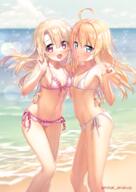 2girls ahoge amakusa_tobari asymmetrical_docking beach bikini blonde_hair blue_eyes blue_sky blush breast-to-breast breast_press breasts cloud clouds commentary_request contrapposto crossover day explicit eyebrows_visible_through_hair fate fatekaleid fatekaleid_liner_prisma_illya female female_only frilled_bikini frills front-tie_top gelbooru general hand_on_another's_hip horizon illyasviel_von_einzbern kanpani_girls long_hair looking_at_viewer may monique_waroquier multiple_females navel ocean open_mouth outside pink_bikini point_of_view red_eyes safe side-tie_bikini sky small_breasts standing swimsuit twitter_username v water white_bikini white_swimsuit シラユリさん_-_二次元裏＠ふたば // 595x842 // 630.6KB