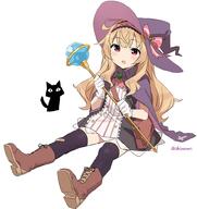 1_female 1girl bag black_cat black_dress black_legwear blonde_hair boots brooch brown_footwear cape cat dress female footwear gloves hat headwear holding holding_object holding_staff jewelry little_witch_nobeta lolibooru.moe long_hair nobeta o open_mouth purple_headwear red_eyes safe shisoneri shoulder_bag simple_background sitting solo staff thighhighs white_background white_gloves witch witch_hat // 945x1000 // 440.8KB