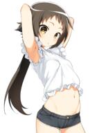 1_female armpits arms_behind_head arms_up blush breasts brown_eyes brown_hair denim denim_shorts explicit female hatakenaka_(kamagabuchi) high_resolution human legwear lewis loli long_hair mammal midriff mikakunin_de_shinkoukei mitsumine_mashiro navel ponytail primate questionable safe sankaku_channel shirt short_shorts shorts small_breasts solo tied_hair tummy white_shirt yellow_eyes young // 1033x1530 // 716.0KB