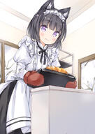 1_female animal_ear_fluff animal_ears apron bangs black_hair black_neckwear black_ribbon black_skirt blush bread cat_ears closed_mouth commentary commentary_request day ears eyebrows_visible_through_hair female food holding inside juliet_sleeves komugi_(wataame27) long_sleeves looking_at_viewer maid_headdress neck_ribbon original oven_mitts photoshop_(medium) point_of_view puffy_sleeves purple_eyes ribbon safe shirt short_hair skirt smile solo uniform waitress wataame27 white_apron white_shirt window // 627x885 // 298.8KB