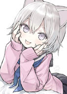 1_female 1girl animal_ears bangs bed_sheet black_skirt blue_neckwear capriccio cat_ears closed_mouth commentary_request dated ears eyebrows_visible_through_hair grey_hair hair_between_eyes hands_up kapu_rinko long_sleeves looking_at_viewer lying neckerchief on_stomach original p pink_sweater pleated_skirt purple_eyes safe sailor_collar school_uniform schoolgirl_uniform serafuku signature simple_background skirt sleeves_past_wrists smile solo sweater tongue tongue_out uniform white_background white_sailor_collar // 706x1000 // 161.5KB