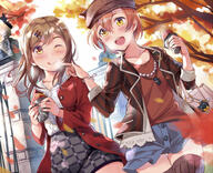 2girls ;q autumn casual commentary_request d danbooru eating explicit female gelbooru hair_ornament hairclip hat headwear hoshizora_rin jewelry kunikida_hanamaru love_live! love_live!_school_idol_project love_live!_sunshine!! multiple_females necklace one_eye_closed open_mouth safe safebooru sankaku_channel smile tipii tongue tongue_out trait_connection yellow_eyes // 1000x813 // 155.6KB