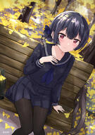 1_female autumn autumn_leaves bag bangs bench black_hair black_legwear black_sailor_collar black_serafuku black_shirt black_skirt blue_neckwear blush collarbone day dutch_angle eluthel falling_leaves feet_out_of_frame ginkgo_leaf hair_bun hand_on_own_chest high_resolution idolmaster leaf legwear miniskirt morino_rinze neckerchief outside pantyhose park_bench pleated_skirt red_eyes safe sailor_collar school_uniform schoolgirl_uniform serafuku shirt short_hair skirt solo the_idolm@_shiny_colors twitter_username uniform // 1000x1418 // 1.2MB