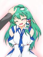 1girl blush closed_eyes detached_sleeves frog green_hair hair_accessories hand happy headpat kochiya_sanae long_hair miko necktie open_mouth shintani_kouki snake star touhou // 768x1024 // 551.8KB