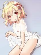 1_female 1girl alternate_costume bare_arms bare_legs blonde_hair bow collarbone dress explicit female gradient hair_ornament hair_ribbon legs looking_at_viewer natsu_no_koucha point_of_view purple_background red_bow red_ribbon ribbon rumia safe sankaku_channel see-through short_hair simple_background sitting sketch skirt_hold solo touhou white_dress // 600x800 // 75.6KB