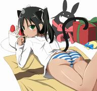 1_female aiueo animal_ears animal_tail ass black_hair blush cake cat_ears cat_tail charlotte_e_yeager ears explicit female food francesca_lucchini gift green_eyes long_hair looking_back lying panties silhouette_demon strike_witches striped striped_panties tail tied_hair trefoil twintails underwear world_witches_series // 1200x1125 // 188.1KB