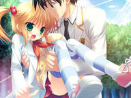 43_aspect_ratio blonde_hair blush fang fangs game_cg green_eyes high_resolution hiiragi_chiyoko kiss_x_demon_lord_x_darjeeling marmalade sasorigatame thighhighs wallpaper // 1600x1200 // 1.7MB