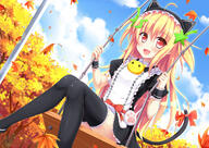 1_female 3 animal_ears animal_tail autumn autumn_leaves black_dress black_legwear blonde_hair blush bow cat_ears cat_tail cloud day dress dutch_angle ears explicit eyebrows_visible_through_hair fake_animal_ears fangs female frills hair_between_eyes hair_ornament high_resolution holding knees_together_feet_apart leaf legwear long_hair maple_leaf multicolored_hair nanairo_fuusen outside paw_print puffy_short_sleeves puffy_sleeves red_bow red_eyes safe series short_sleeves sitting sky solo star star_hair_ornament swing tail tail_bow thighhighs tree two_tone_hair very_long_hair wrist_cuffs yande.re // 1697x1200 // 1.8MB