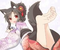 1_female 1girl alternate_costume alternate_hairstyle animal_ears animal_tail barefoot brown_hair ears explicit fang fangs feet feet_towards_viewer feet_up female female_focus female_only floral_print flower hair_flower hair_ornament hair_up imaizumi_kagerou japanese_clothes kimono long_hair long_sleeves looking_back lying md5_mismatch natsu_no_koucha on_stomach open_mouth red_eyes safe sankaku_channel simple_background smile soles solo solo_female tail tassel the_pose toe_scrunch toes touhou white_background wide_sleeves wolf_ears wolf_tail younger // 800x667 // 96.2KB