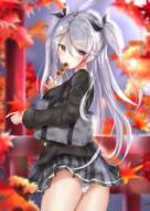 1_female autumn azur_lane bad_id bad_pixiv_id black_ribbon black_sweater commentary_request dango eating eyebrows_visible_through_hair female food hair_between_eyes hair_ribbon leaf long_hair looking_at_viewer looking_back madara_(mdrrikdou) maple_leaf multicolored_hair panties pantyshot plaid plaid_skirt point_of_view prinz_eugen_(azur_lane) purple_eyes railing red_hair ribbon safe school_uniform silver_hair skirt solo streaked_hair sweater two_side_up underwear uniform wagashi white_panties wind wind_lift zensai_(pixiv_38204716) // 700x989 // 919.9KB