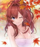 1_female 3 ;3 ahoge alternate_hairstyle autumn autumn_leaves bangs bare_shoulders blurry blurry_background breasts brown_hair cleavage commentary danbooru eyebrows_visible_through_hair female gelbooru hair_intakes hair_tie hair_up hand_on_breast ichinose_shiki idolmaster lamp_p9 large_breasts lips long_hair looking_to_the_side naked_towel one_eye_closed onsen outside ponytail purple_eyes safe safebooru sankaku_channel solo the__cinderella_girls tied_hair towel upper_body wet // 900x1050 // 139.0KB