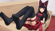 10s 1_female black_hair black_legwear bow couch feet female garter_straps gate_-_jieitai_ka_no_chi_nite_kaku_tatakaeri hair_bow high_resolution hime_cut juoto legwear long_hair looking_at_viewer lying no_shoes on_back point_of_view purple_eyes rory_mercury safe smile soles solo thighhighs // 2132x1200 // 263.0KB