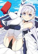 1_female 1girl apron armwear ass azur_lane belfast_(azur_lane) black_panties black_underwear blue_dress blue_gloves blush breasts cleavage cloud collar day dress elbow_gloves female garter_straps gloves high_resolution highres leg_hug leg_lift legs legs_together legs_up long_hair looking_at_viewer lying maid_headdress medium_breasts on_back panties point_of_view questionable reflection ripples silver_eyes silver_hair sky smile solo thighhighs tsubure_manjuu underwear water white_legwear // 850x1200 // 800.3KB