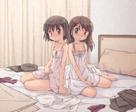 2d_art 2girls atfbooru.ninja barefoot bed blush brown_eyes brown_hair camisole clothes_on_bed clothes_removed creator curtains explicit female flat_chest hand_on_lap inside lifted_by_self loli lolibooru.moe long_hair looking_at_viewer multiple_females nightgown on_bed original original_character pajamas parted_lips pillow pixiv_38021268 point_of_view questionable safe short_hair side-by-side sitting sitting_sideways slip spaghetti_strap tanutanu3 underwear young スリップ姿に定評のある作者 中学生 二人一緒に……・その2 // 1030x851 // 428.0KB