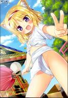 1_female 1girl absurd_resolution absurdres animal_ear_fluff animal_ears animal_tail blonde_hair blue_sky blush bow cat_ears cat_tail cloud d day dutch_angle ears explicit eyes_visible_through_hair fan fang fangs female flat_chest fundoshi hachimaki hair_bow hair_ornament headband high_resolution highres japanese_clothes loli lolibooru.moe looking_at_viewer medium_hair nejiri_hachimaki nekomimi open_mouth original outdoors outside peace_sign pelvic_curtain point_of_view purple_eyes questionable sankaku_channel shrine sky smile solo tail torii tree underwear v very_high_resolution yamakasa young yukino_minato // 2114x3047 // 561.6KB