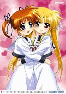 2girls art blonde_hair blue_eyes blush explicit fate_testarossa female hair_ornament heart high_resolution hug looking_at_viewer lyrical_nanoha mahou_shoujo_lyrical_nanoha mahou_shoujo_lyrical_nanoha_a's multiple_females newtype official_art okuda_yasuhiro orange_hair point_of_view red_eyes smile takamachi_nanoha yuri // 850x1206 // 165.7KB
