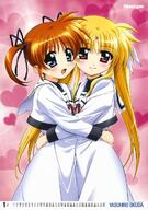 2_females art blonde_hair blue_eyes blush explicit fate_testarossa female hair_ornament heart high_resolution hug looking_at_viewer lyrical_nanoha mahou_shoujo_lyrical_nanoha mahou_shoujo_lyrical_nanoha_a's multiple_females newtype official_art okuda_yasuhiro orange_hair point_of_view red_eyes smile takamachi_nanoha yuri // 850x1206 // 165.7KB