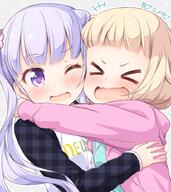 +++ 2girls ;d >_< bangs blonde_hair blunt_bangs closed_eyes clothes_writing d dot_nose drawstring explicit eyebrows_visible_through_hair facing_viewer female flower grey_background hair_flower hair_ornament happy hood hood_down hug long_hair long_sleeves looking_at_viewer multiple_females new_game! one_eye_closed open_mouth outline plaid plaid_shirt point_of_view polka_dot polka_dot_background polka_dot_shirt purple_eyes purple_hair raised_eyebrow safe sakura_nene shiny shiny_hair shiny_skin shirt short_hair simple_background smile suzukaze_aoba tied_hair tokunou_shoutarou twintails unmoving_pattern upper_body v-shaped_eyebrows wavy_mouth white_outline xd // 890x1000 // 1.0MB