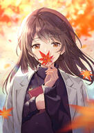 ahoge autumn autumn_leaves backlighting bangs black_sweater blush book brown_eyes brown_hair commentary danbooru day eyebrows_visible_through_hair falling_leaves grey_jacket haru_(hiyori-kohal) holding holding_book holding_leaf holding_object jacket jacket_on_shoulders leaf long_hair long_sleeves looking_at_viewer maple_leaf original outside point_of_view safe solo sunlight sweater symbol_commentary upper_body // 725x1024 // 838.5KB