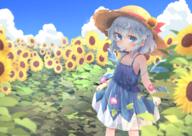 1_female adapted_costume bare_arms bare_shoulders blue_dress blue_eyes blue_hair blue_sky blurry blush cirno cloud collarbone day depth_of_field dress explicit eyebrows_visible_through_hair female field flat_chest flower flower_field food hat hat_flower hat_ribbon headwear ice ice_cream ice_wings kibisake lolibooru.moe melting morning_glory mouth_hold outside red_ribbon ribbon safe short_hair skirt_hold sky sleeveless sleeveless_dress solo standing straw_hat sun_hat sunflower tanned tanned_cirno touhou wings // 1200x848 // 1.2MB