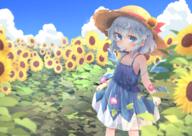 1_female adapted_costume bare_arms bare_shoulders blue_dress blue_eyes blue_hair blue_sky blurry blush cirno cloud collarbone day depth_of_field dress explicit eyebrows_visible_through_hair female field flat_chest flower flower_field food hat hat_flower hat_ribbon headwear ice ice_cream ice_wings kibisake lolibooru.moe melting morning_glory mouth_hold outside red_ribbon ribbon safe short_hair skirt_hold sky sleeveless sleeveless_dress solo standing straw_hat sun_hat sunflower tanned tanned_cirno touhou wings // 1200x848 // 1.2MB