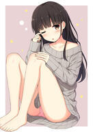 1_female ;o bangs bare_shoulders barefoot bewitching_thighs black_hair blunt_bangs brown_background brown_eyes brown_hair collarbone commentary_request explicit eyebrows_visible_through_hair feet female fingernails grey_sweater head_tilt long_black_hair long_hair looking_at_viewer nakamura_sumikage no_pants off-shoulder one_eye_closed original original_character panties parted_lips pink_panties point_of_view ribbed_clothes rubbing_eyes safe simple_background sitting solo star sumisanillust sweater toenails two-tone_background underwear white_background ダボセーター ナカムラスミカゲ 眠そうな感じ // 689x972 // 360.6KB