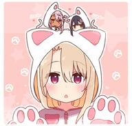 3 3girls animal_ears animal_hood animal_tail bangs black_hair blush brown_eyes brown_hair cat_ears cat_girl cat_hood cat_tail catgirl catperson chibi chibi_on_head chloe_von_einzbern clavicle closed_mouth collarbone commentary commentary_request danbooru dark_skin ears ears_visible_through_hair eyebrows_visible_through_hair fake_animal_ears fate fatekaleid fatekaleid_liner_prisma_illya fate_(series) fate_kaleid_liner_prisma_illya female gloves hair_between_eyes heart hood hood_up hooded_jacket illyasviel_von_einzbern jacket light_brown_hair long_hair miyu_edelfelt multiple_females multiple_girls nekomimi o on_head orange_eyes parted_lips paw_background paw_gloves paws pink_hair red_eyes safe star star_(symbol) tail translation_request upper_body white_gloves white_jacket x-ray yoru_nai // 990x950 // 89.9KB