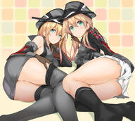 10s 2_girls 2girls anchor_hair_ornament anthropomorphism bare_shoulders bismarck_(kantai_collection) bismarck_battleship black_socks black_thighhighs blonde_hair blue_eyes blush breasts camouflage camouflage_hat dress duo explicit female gintarou gintarou_(kurousagi108) girl gloves green_eyes hair_ornament hair_tie hat kantai_collection legs light_erotic lingerie long_hair looking_at_viewer male medium_breasts military military_uniform miniskirt multiple_females multiple_girls peaked_cap point_of_view prinz_eugen_(kantai_collection) questionable remodel_(kantai_collection) ribbon safe skirt smile socks thighhighs thighs tied_hair twintails underwear uniform upskirt white_gloves // 1098x986 // 614.3KB