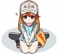 10s 1_female 1girl baseball_cap boots brown_eyes clothes_writing creator danbooru explicit female flag footwear from_above gelbooru hat hataraku_saibou headwear lolibooru.moe long_hair looking_at_viewer orange_hair platelet platelet_(hataraku_saibou) point_of_view safe simple_background sitting solo wariza wavy_mouth white_background yoru_nai // 720x668 // 67.4KB