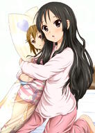 1_female akiyama_mio alternate_hairstyle black_hair blush brown_eyes brown_hair dakimakura dakimakura_(object) diesel-turbo explicit female gelbooru k-on! long_hair looking_at_viewer loungewear o open_mouth pajamas pillow pillow_hug point_of_view safe short_hair tainaka_ritsu // 754x1056 // 540.7KB