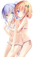 2girls ;) bangs bare_arms bare_shoulders bikini blue_eyes blue_hair blush breasts brown_hair closed_mouth commentary commentary_request eyebrows_visible_through_hair eyes_visible_through_hair female general gochuumon_wa_usagi_desu_ka? groin hair_between_eyes hair_ornament hairclip high_resolution hoto_cocoa hug hug_from_behind kafuu_chino lolibooru.moe long_hair multiple_females na!?_(naxtuyasai) navel o-ring o-ring_bikini o-ring_top one_eye_closed purple_eyes safe side-tie_bikini simple_background small_breasts smile striped striped_bikini striped_swimsuit swimsuit tied_hair twintails white_background // 898x1500 // 818.0KB