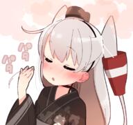 1_female 1girl alternate_costume amatsukaze_(kantai_collection) blush character_print closed_eyes ear_blush eyebrows_visible_through_hair female grey_hair hair_tubes japanese_clothes kantai_collection kimono lolibooru.moe long_hair nose_blush o safe simple_background solo two_side_up upper_body white_background yoru_nai yukata // 801x756 // 330.2KB