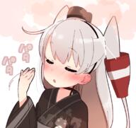 1_female 1girl alternate_costume amatsukaze_(kantai_collection) blush character_print closed_eyes ear_blush eyebrows_visible_through_hair female grey_hair hair_tubes japanese_clothes kantai_collection kimono lolibooru.moe long_hair nose_blush o safe simple_background solo two_side_up upper_body white_background yoru_nai yukata // 801x756 // 330.2KB