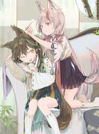 2girls 32656138 animal_ears azur_lane bangs brown_hair closed_mouth cotton_swab ear_cleaning ears explicit eyebrows_visible_through_hair female fox_ears green_hair grey_hair hair_ornament hakama hakama_skirt holding japanese_clothes kamikaze_(azur_lane) long_hair long_sleeves matsukaze_(azur_lane) mimikaki multicolored_hair multiple_females multiple_girls one_eye_closed pixiv_32656138 pixiv_71209471 red_hair redhead ribbon ribbon_trim safe sitting skirt smile streaked_hair tail tassel white_legwear wide_sleeves wss wss_(32656138) yellow_eyes 四つ分の耳を掃除しなくちゃいけない日々 // 668x900 // 682.3KB
