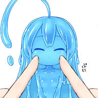 1girl 1other ahoge blue_hair blue_skin breasts cheek_poking closed_eyes curss huge_ahoge long_hair minigirl monster_girl no_nipples nude original poking simple_background slime_girl small_breasts upper_body white_background // 768x768 // 396.5KB