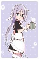 1_female 1girl alternate_costume alternative_costume apron bangs black_dress blue_eyes braid commentary_request cowboy_shot dress female frilled_apron frills garrison_cap green_eyes kantai_collection long_hair looking_at_viewer mole mole_under_eye parted_bangs pitcher point_of_view purple_background safe silver_hair simple_background single_braid solo thighhighs tied_hair umikaze_(kantai_collection) very_long_hair waist_apron waitress white_apron white_legwear wrist_cuffs yoru_nai // 660x980 // 238.2KB