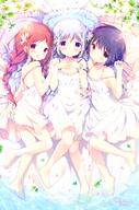 3girls alternate_hairstyle artist_name barefoot bed blue_eyes blue_hair blush braid brown_eyes circle_name collarbone d dress explicit feet female flower frilled_pillow frills from_side girl_sandwich girls_und_panzer gochiusa gochiusa_1000_users_bookmark gochuumon_wa_usagi_desu_ka? group hair_flower hair_ornament hairclip hairpin hand_on_another's_shoulder hand_on_another's_stomach hands_on_own_chest happy in_profile jewelry jouga_maya kafuu_chino leaf lolibooru.moe long_hair looking_at_viewer lying lying_down multiple_females natsu_megumi o on_side open_mouth petals pillow pixiv_57922779 plant point_of_view ponytail red_eyes red_hair safe sandwiched shiratama shiratama_(shiratamaco) shiratama_co short_hair smile sundress tied_hair twin_braids vines water white_dress white_hair x_hair_ornament yellow_eyes ごちうさ10000users入り しらたま しらたま◇3日目a-28a しらたま❄ しらたま❄111～20初個展 チマメ隊 天使のお昼寝 浄化 // 747x1126 // 843.5KB