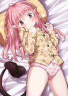 1_female 1girl 2 ahoge bangs bed_sheet blush bow bow_panties brown_pajamas brown_shirt cherry_print closed_mouth collared_shirt demon demon_girl demon_tail ears explicit eyebrows_visible_through_hair female food_print half_naked hands_up high_resolution highres kikit loli long_hair long_sleeves looking_at_viewer lying mochiyuki monster no_pants on_back original pajamas panties pillow pink_hair point_of_view pointy_ears print_panties questionable red_eyes safe sankaku_channel shirt solo succubus tail underwear very_long_hair wavy_mouth white_panties white_underwear えっちなことがにがてなロリサキュバスちゃん お子様パンツ もちゆき＠cg集制作中!!!! 寝てるロリサキュバスちゃんに悪戯する絵 // 1447x2047 // 2.5MB