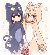 3_females 3girls animal_costume animal_ears animal_hood bangs black_hair blush brown_background brown_eyes brown_hair brown_skin cat_costume cat_ears cat_hood chloe_von_einzbern closed_mouth commentary commentary_request costume dark_skin ears eyebrows_visible_through_hair fake_animal_ears fake_tail fate fatekaleid_liner_prisma_illya fate_(series) fate_kaleid_liner_prisma_illya female hair_between_eyes hair_ornament hairclip hood illyasviel_von_einzbern kemonomimi_mode lolibooru.moe long_hair minigirl miyu_edelfelt mouse_ears multiple_females multiple_girls nekomimi paw_background pink_hair red_eyes safe sankaku_channel simple_background smile star star_(symbol) tail translation_request two-tone_background white_background yoru_nai // 846x935 // 118.3KB