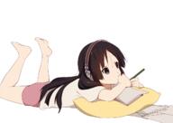 1_female akiyama_mio barefoot black_eyes black_hair book feet female headphones k-on! komugiko legwear long_hair lying on_stomach pen pillow safe short shorts simple_background solo white_background // 1280x905 // 275.7KB