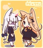 2girls abigail_williams_(fategrand_order) abigail_williams_(fate_grand_order) animal_ears animal_tail bangs black_bow black_dress blonde_hair bloomers blue_eyes blush bow breasts cat_ears cat_tail dress ears fang fangs fate fategrand_order fate_(series) fate_grand_order female forehead hair_bow horn horns lavinia_whateley_(fategrand_order) lavinia_whateley_(fate_grand_order) lolibooru.moe long_hair long_sleeves looking_at_viewer multiple_bows multiple_females multiple_girls multiple_hair_bows open_mouth orange_bow pale_skin parted_bangs point_of_view polka_dot polka_dot_bow purple_eyes ribbed_dress safe single_horn sleeves_past_fingers sleeves_past_wrists small_breasts smile tail white_bloomers white_hair wide-eyed yellow_background yoru_nai // 758x840 // 225.4KB