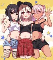 3girls alternate_costume alternative_costume bangs bare_shoulders baseball_cap black_hair black_headwear black_shirt black_shorts black_tank_top blue_shorts blush breasts brown_skin casual chawan_(yultutari) chloe_(street_style) chloe_von_einzbern clavicle collarbone contemporary crop_top cropped_legs d danbooru dark-skinned_female dark_skin fashion fate fatekaleid_liner_prisma_illya fate_(series) fate_kaleid_liner_prisma_illya female fishnet_legwear fishnets girl_sandwich hair_bun hair_ornament hairclip hand_gesture hand_on_another's_hip hat headwear high_resolution illya_(street_style) illyasviel_von_einzbern legwear lolibooru.moe long_hair looking_at_viewer midriff miyu_(street_style) miyu_edelfelt multiple_females multiple_girls navel open_mouth orange_eyes pink_hair point_of_view red_eyes red_skirt safe sandwiched sankaku_channel shirt short_shorts shorts sidelocks simple_background skirt small_breasts smile star_(symbol) strap_slip tank_top thighhighs thighs tied_hair twintails two-tone_background v waving white_background white_hair white_shirt white_tank_top yellow_background yellow_eyes // 1420x1600 // 289.3KB