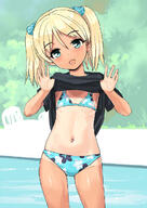 1_female 1girl beach bikini black_shirt blonde_hair blue_bikini blue_eyes clothes_lift commentary_request contrapposto cowboy_shot day female flat_chest hair_tie head_tilt high_resolution jiji jijis-waifus lolibooru.moe looking_at_viewer navel one-piece_tan original outdoors outside pettanko point_of_view safe sankaku_channel shirt shirt_lift short_hair smile solo standing swimsuit t-shirt tan tan_lines tanlines tanned tied_hair top_lift twintails // 860x1214 // 174.1KB